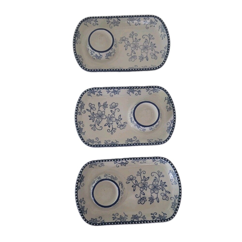 Temp-tations by Tara Blue Floral Lace Personal Snack Chip & Dip Trays Set of 3